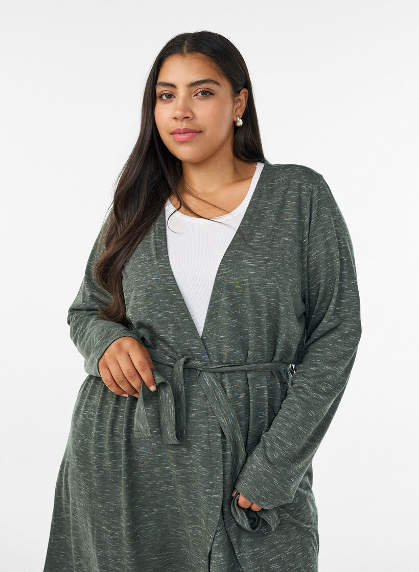 Long jersey cardigan with tie-belt, Green, Model image number 2