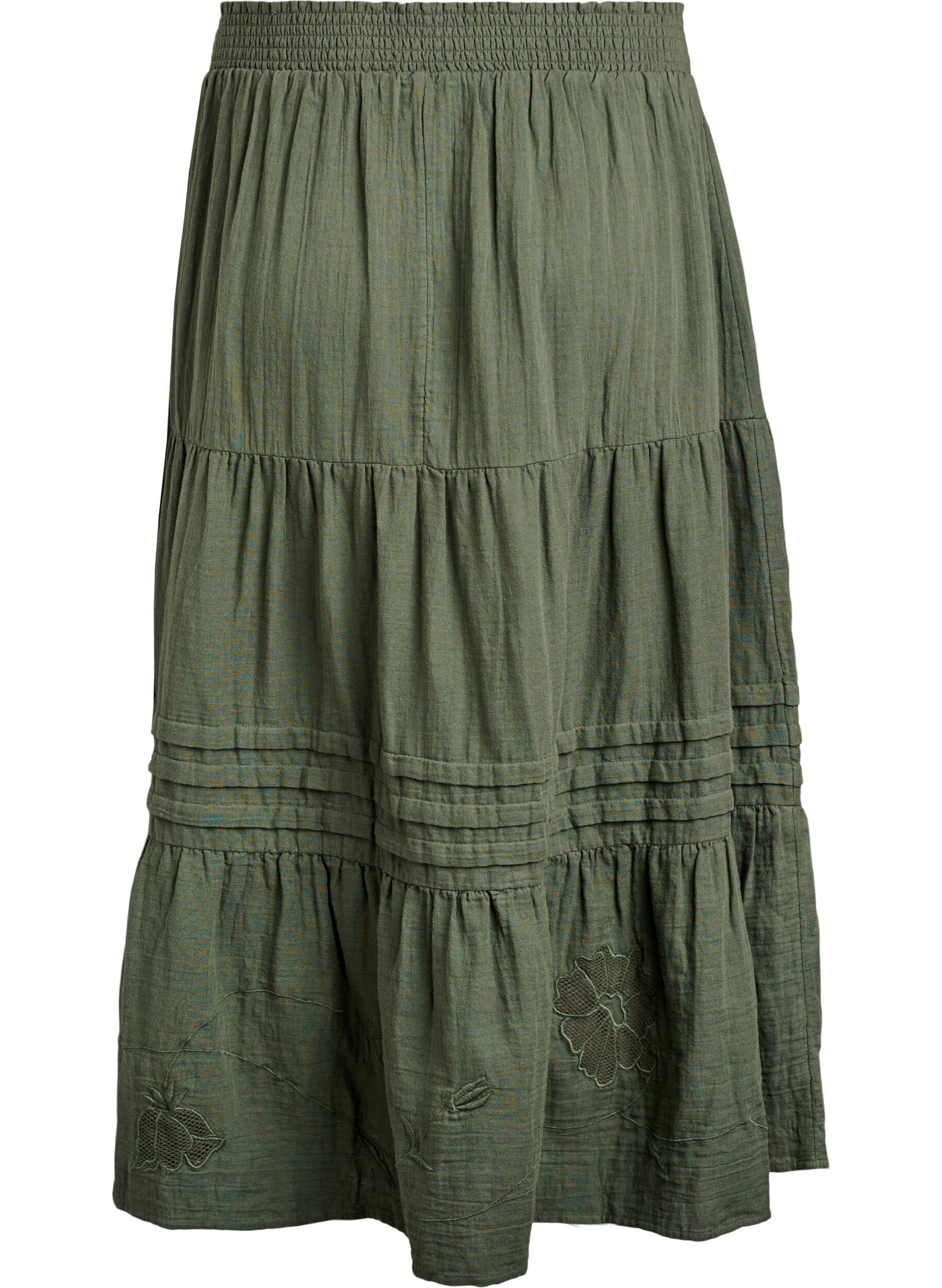 Zizzifashion Long cotton muslin skirt with embroidered details, Thyme, Packshot image number 1
