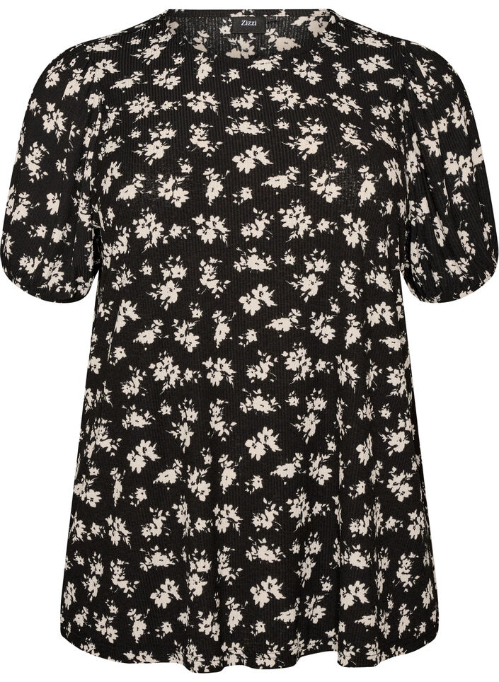 Blouse with short sleeves and floral print, Black, Packshot image number 0