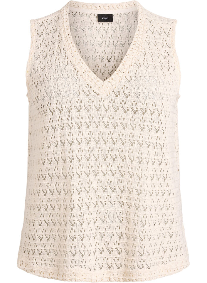 Sleeveless blouse with eyelet embroidery and V-neck, Beige, Packshot image number 0