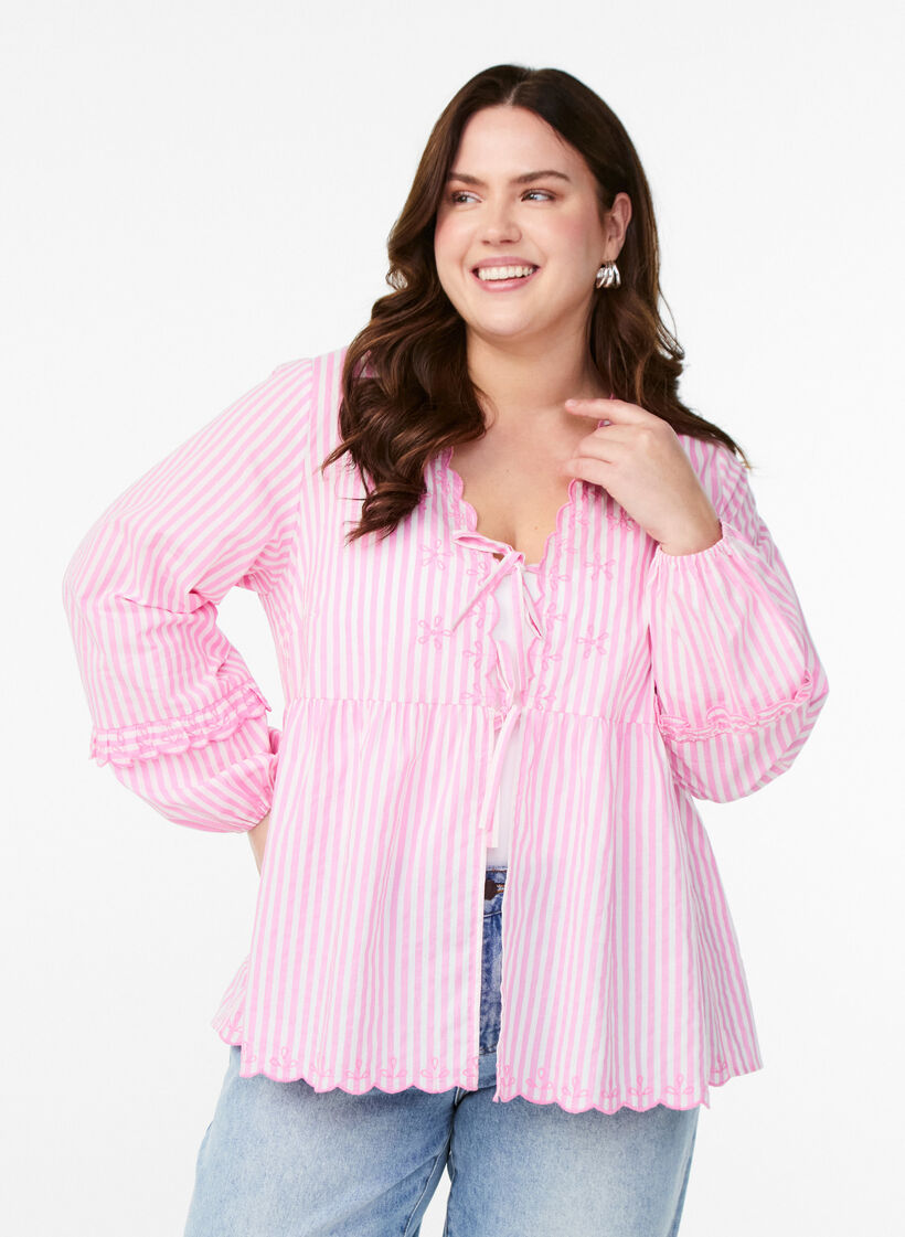 Striped blouse with open front and embroidery details, Pink, Model image number 0