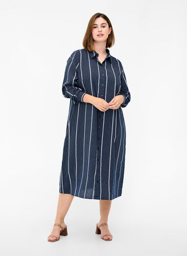 Long striped shirt dress in cotton, N.Sky w.White Stripe, Model image number 0