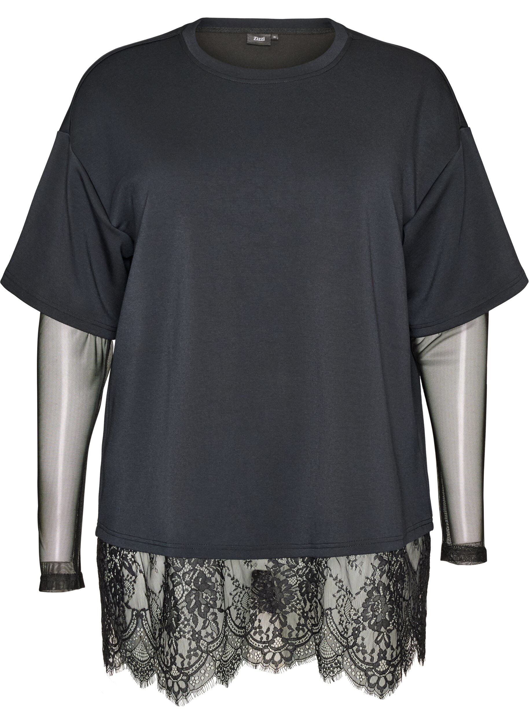 Blouse with mesh sleeves and lace trim