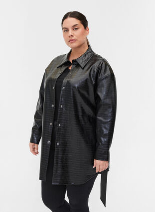 Faux leather shirt jacket, Black, Model image number 0