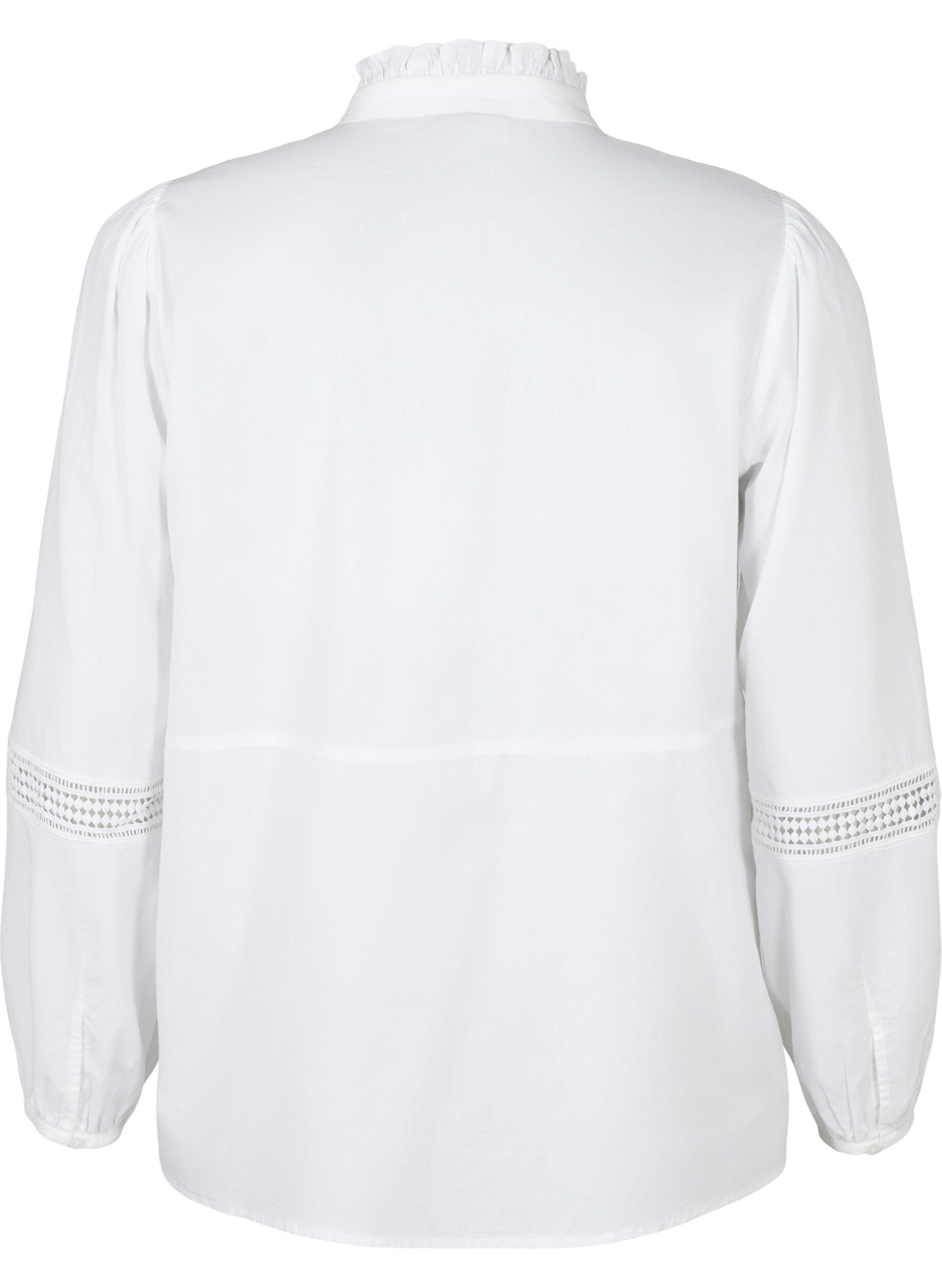 Zizzifashion Shirt blouse with ruffle collar and crochet band, Bright White, Packshot image number 1