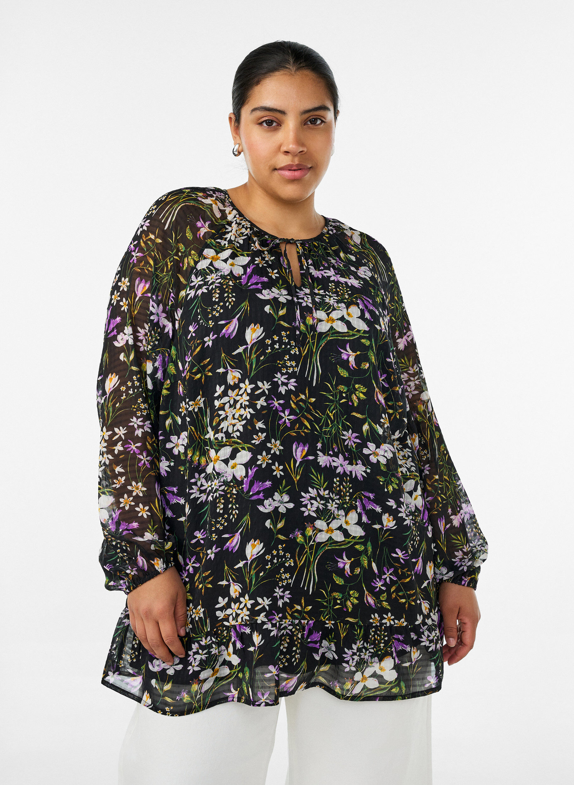 ZizzifashionFloral print A-line tunic, Black, Model image number 0