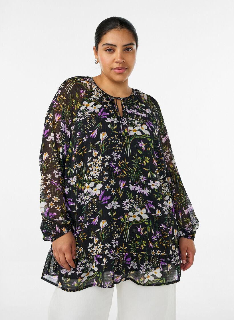Floral print A-line tunic, Black, Model image number 0