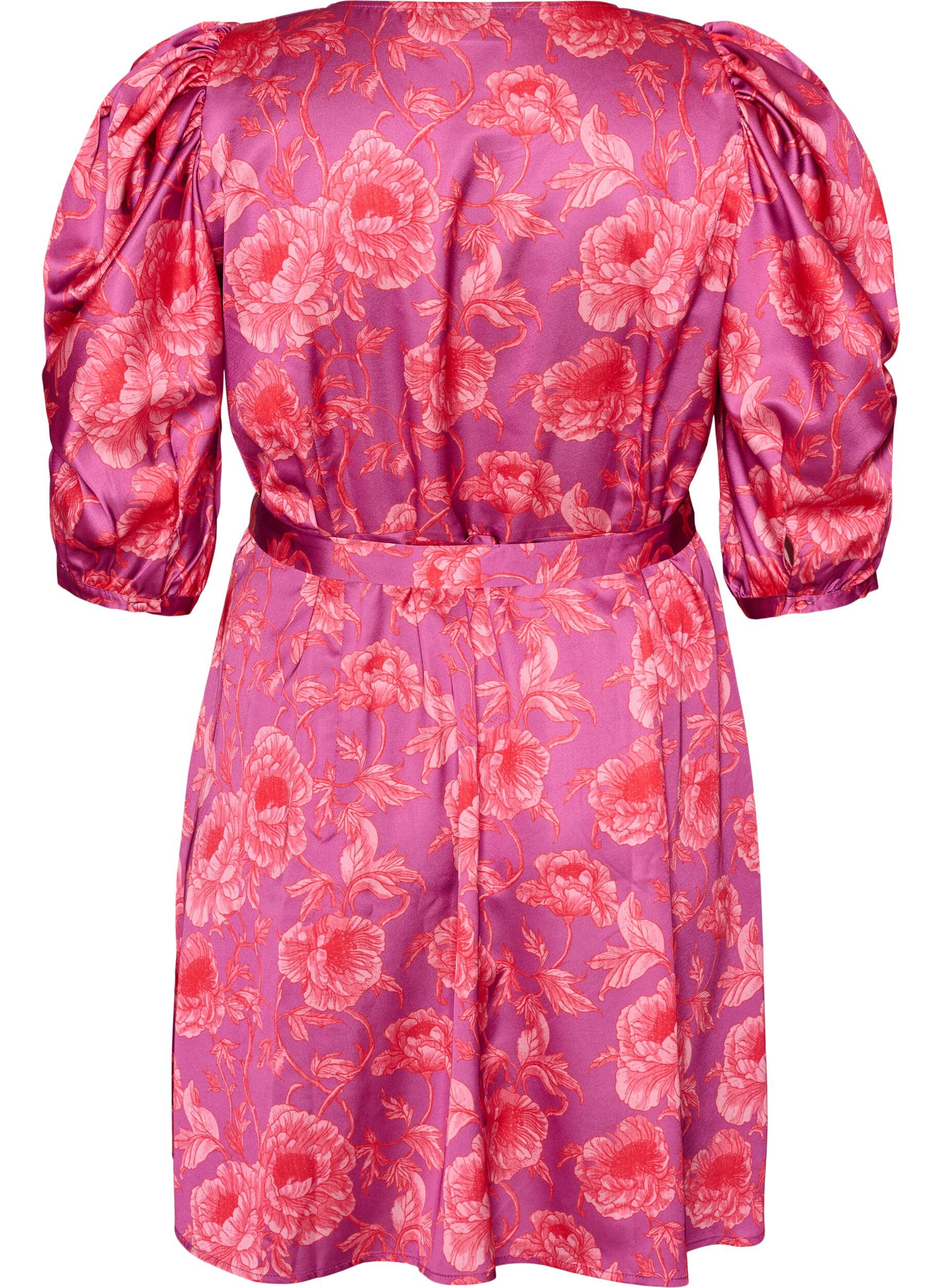 Zizzifashion Floral dress with puff sleeves and tie-belt, Pink, Packshot image number 1