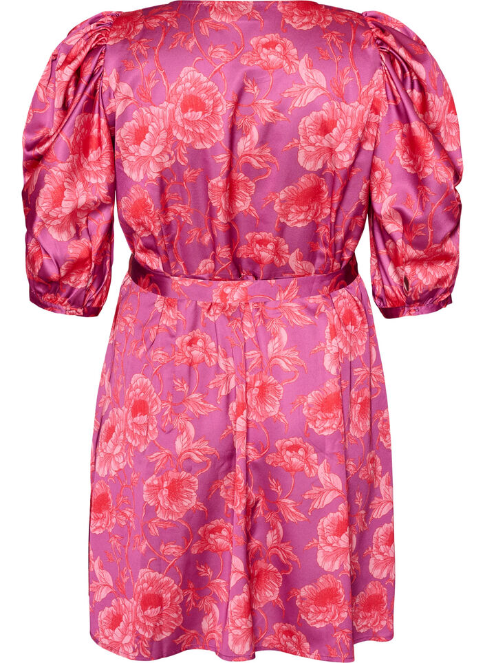 Floral dress with puff sleeves and tie-belt, Pink, Packshot image number 1