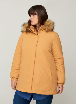 Jacket with a fake fur collar and drawstring waist, Spruce Yellow, Model image number 0