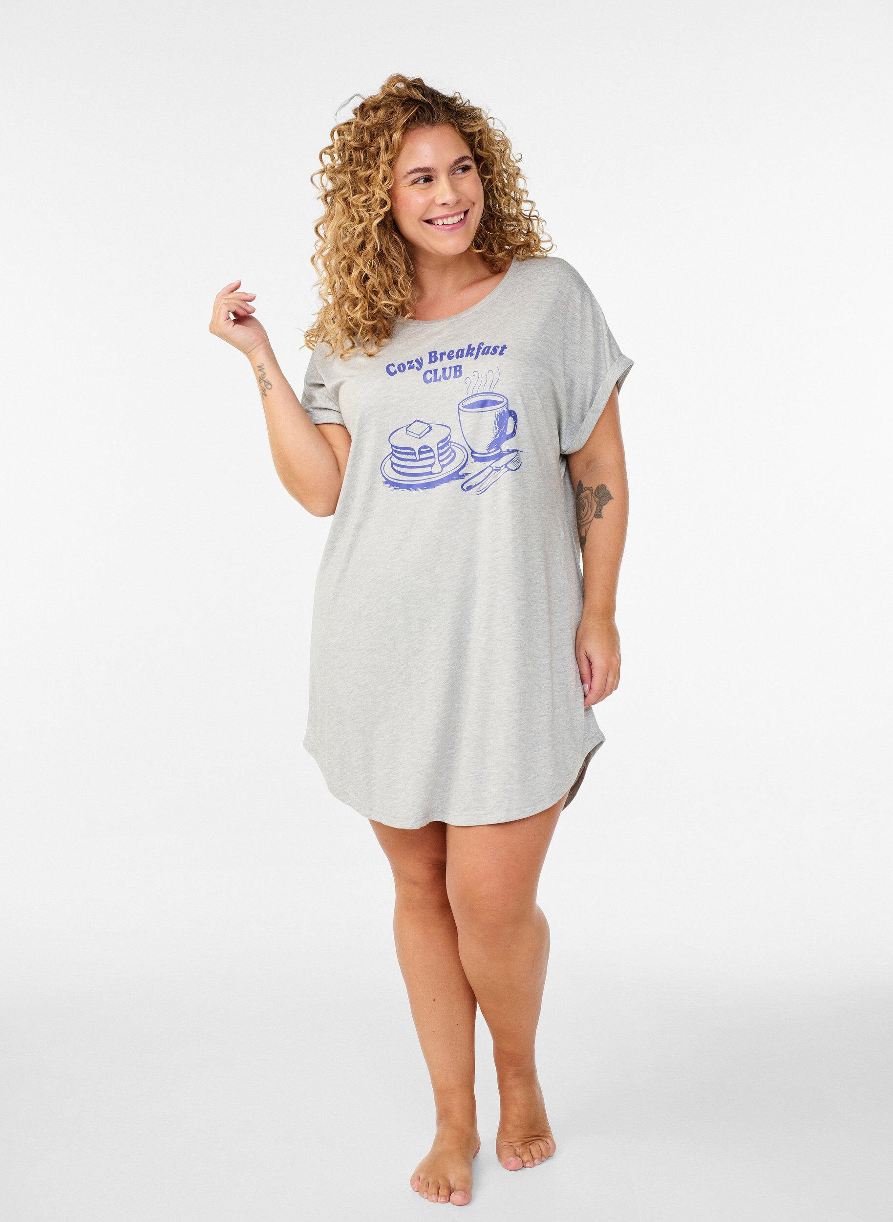 Zizzifashion Short sleeve nightgown with text print, Grey, Model image number 1