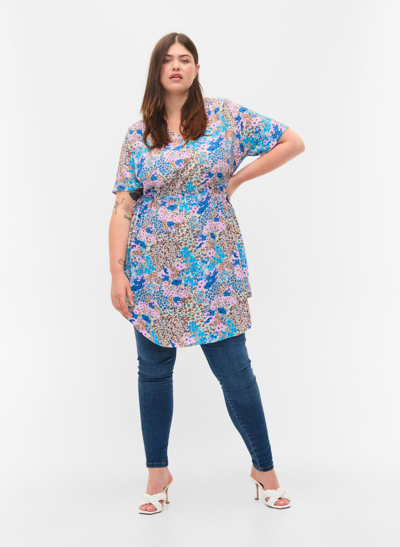 Patterned dress with drawstring details, Blue Rose Flower, Model image number 2