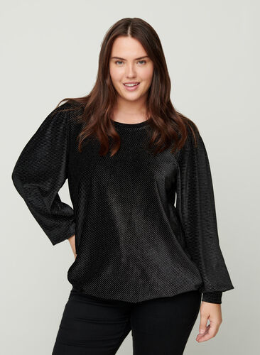 Velour blouse with puff sleeves, Black, Model image number 0
