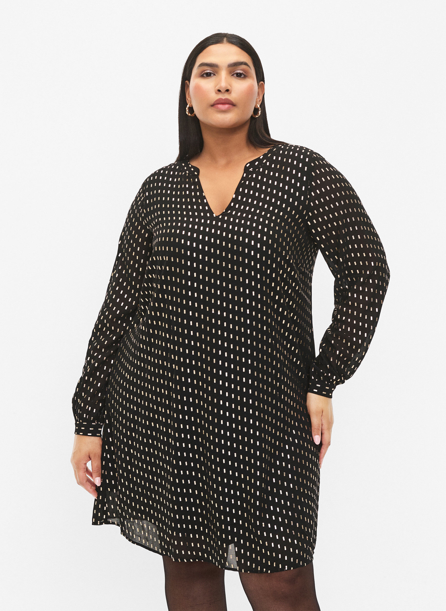 Zizzifashion Long-sleeved dress with foil print, Black w. Gold, Model image number 0