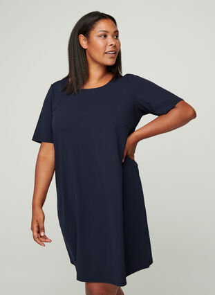 Short-sleeved dress with round neck, Night Sky, Model image number 0