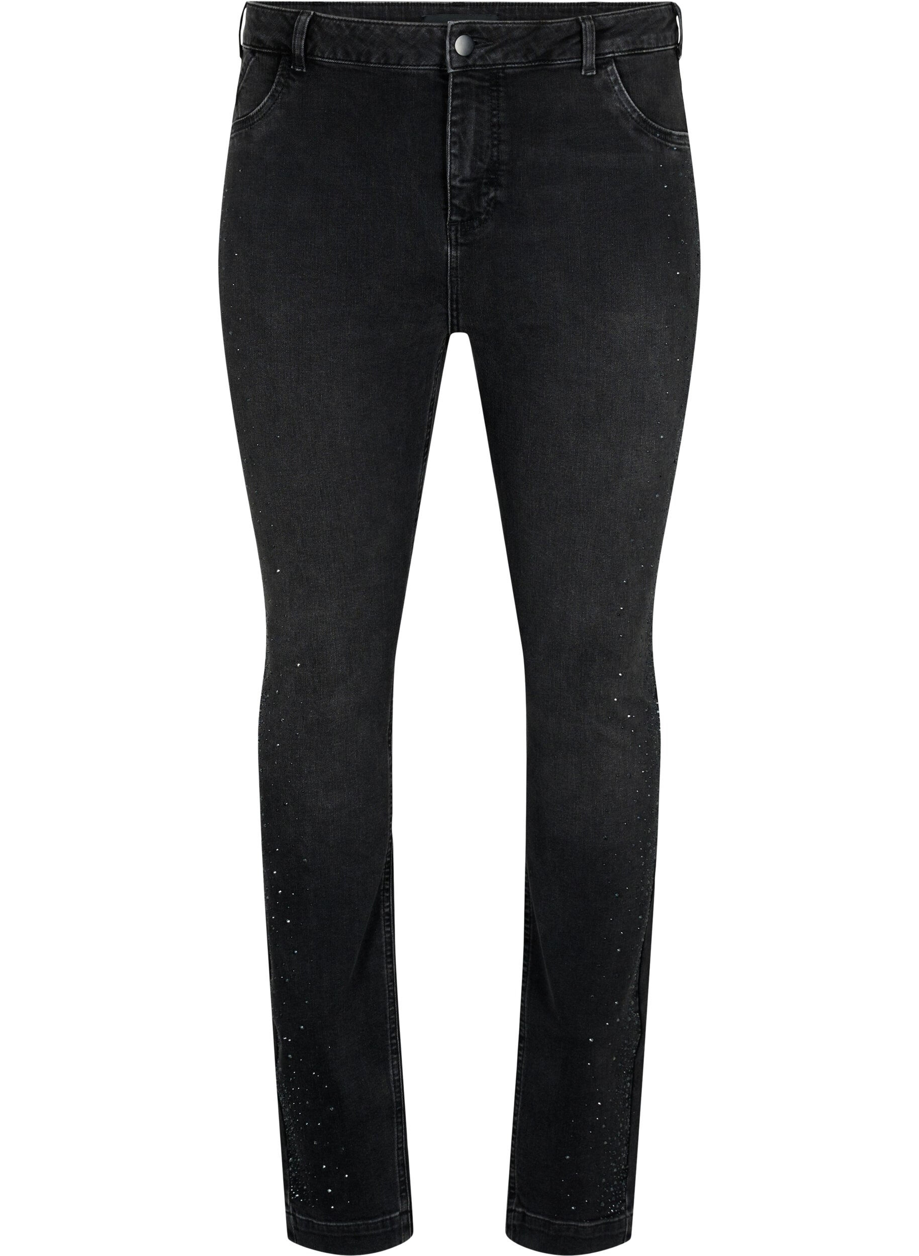 Zizzifashion High-waisted Amy jeans with rhinestones, Grey Denim, Packshot image number 0