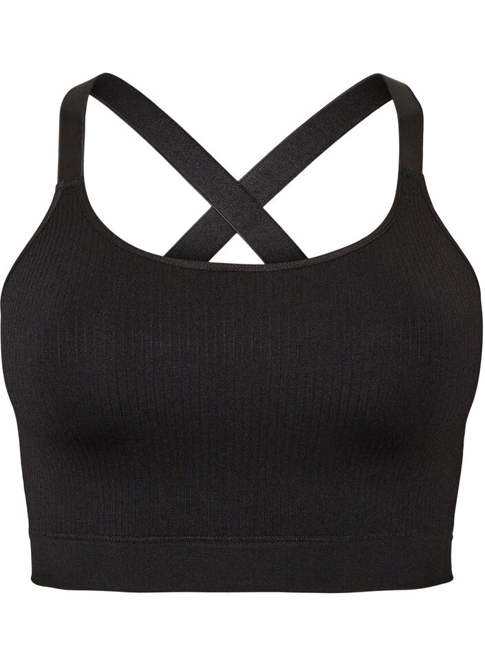 Seamless ribbed sports bra, Black, Packshot image number 0