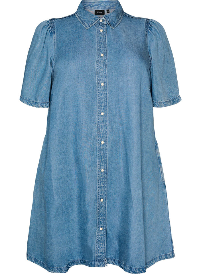 Denim dress in lyocell with buttons and short sleeves, Light Blue, Packshot image number 0