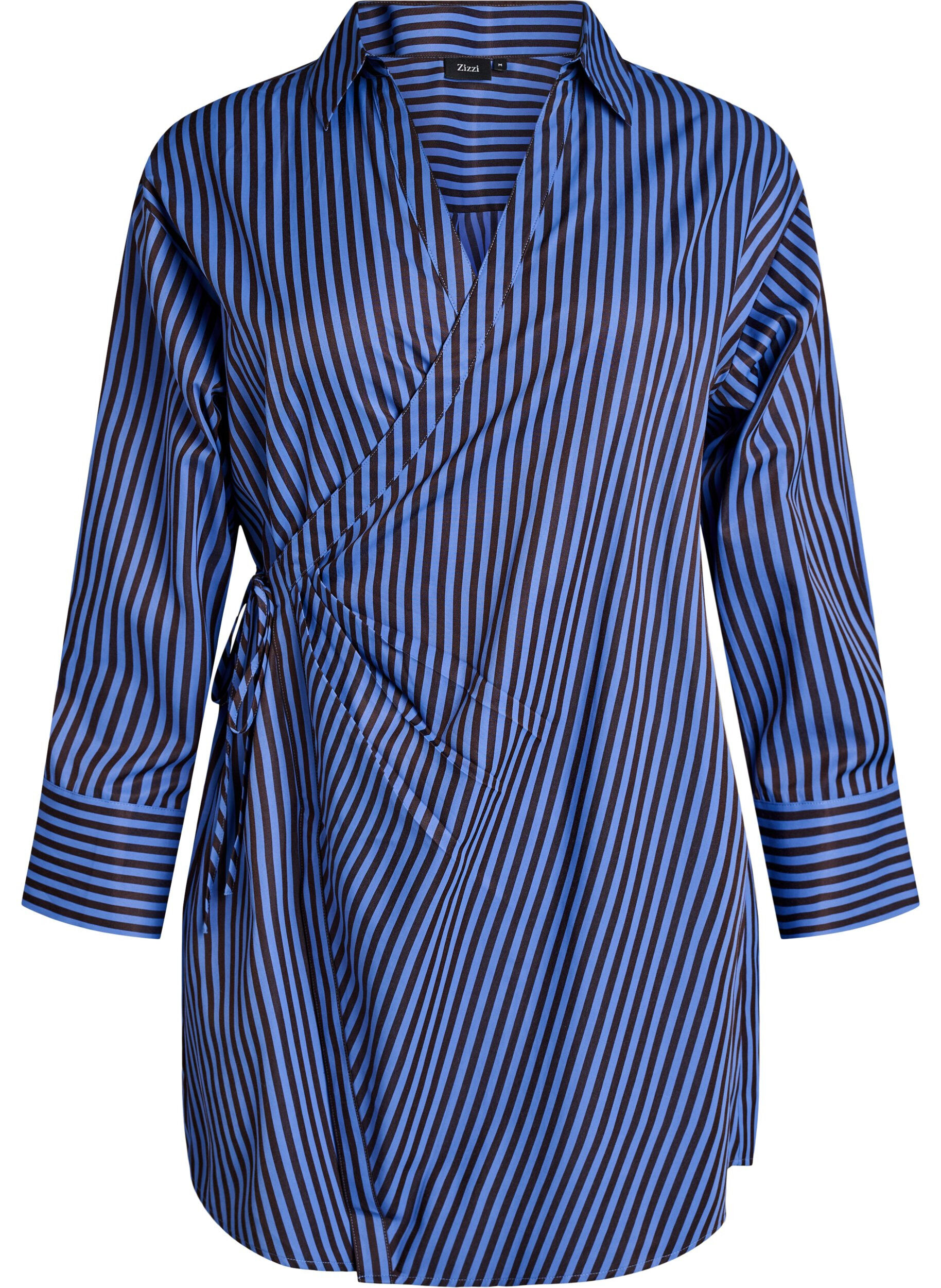 ZizzifashionStriped shirt with a wrap effect and a tie-belt, Blue, Packshot image number 0