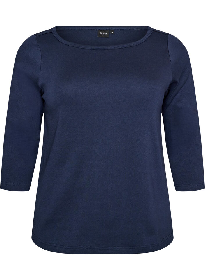 Basic T-shirt with boat neck and 3/4 sleeves, Blue, Packshot image number 0