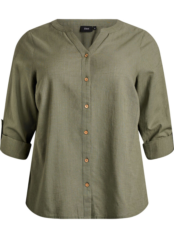 Cotton shirt blouse with V-neck, Green, Packshot image number 0