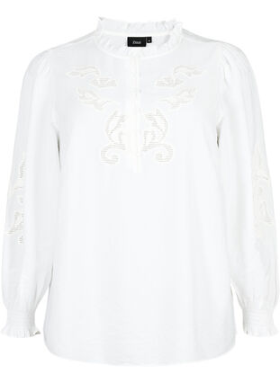 Blouse with ruffles and broderie anglaise, Bright White, Packshot image number 0