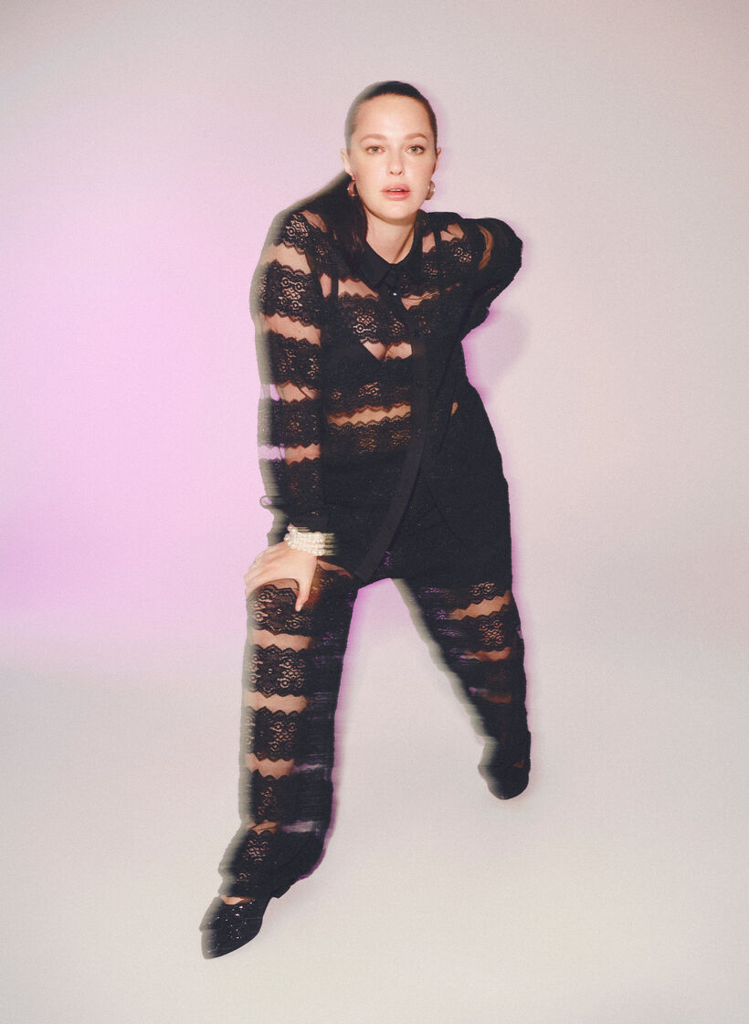 Loose shirt with lace and sheer mesh, Black, Image image number 0