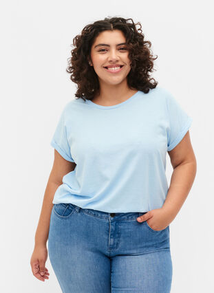 Short sleeved cotton blend t-shirt, Chambray Blue , Model image number 0