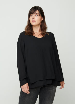 Long-sleeved V-neck blouse, Black, Model image number 0