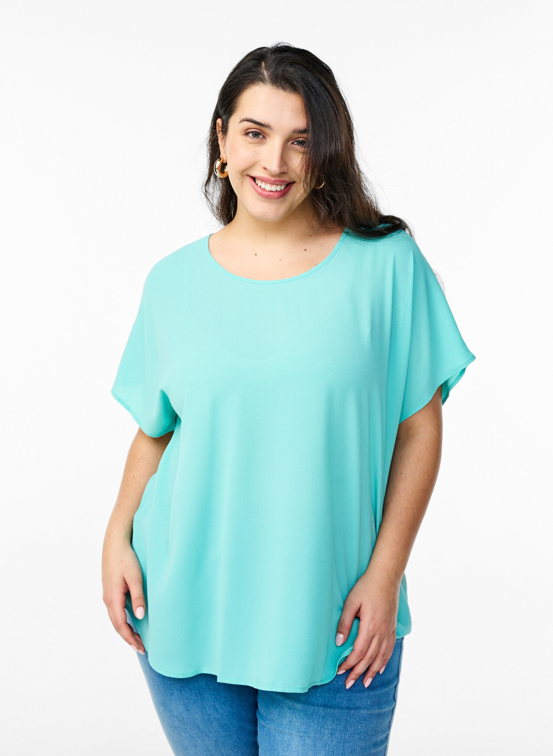 Zizzifashion Blouse with short sleeves and a round neckline, Light Blue, Model image number 0