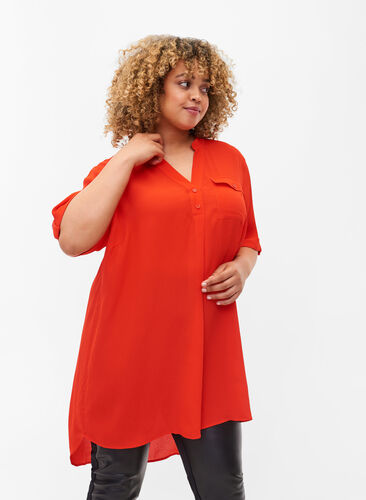 Viscose tunic with short sleeves, Fiery Red, Model image number 0