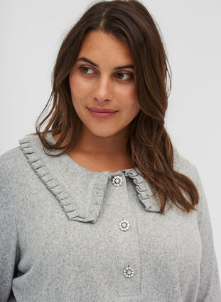 Blouse with ruffled collar and decorative buttons, Light Grey Melange, Model image number 2