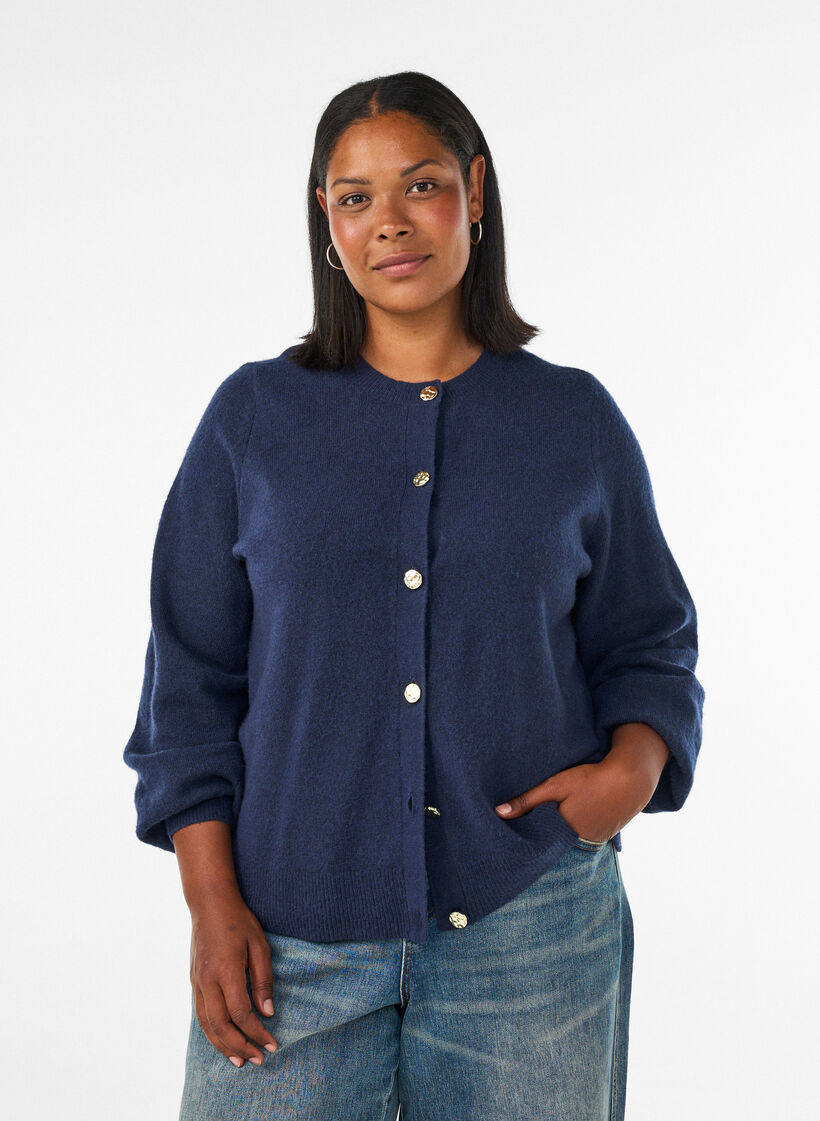 Cardigan in soft knit with gold-coloured buttons, Blue, Model image number 0