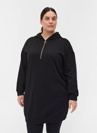 Sweat dress with hood and zipper, Black, Model image number 0