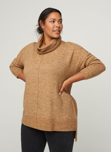 Marled kntted blouse with a roll neck, Burro Melange, Model image number 0