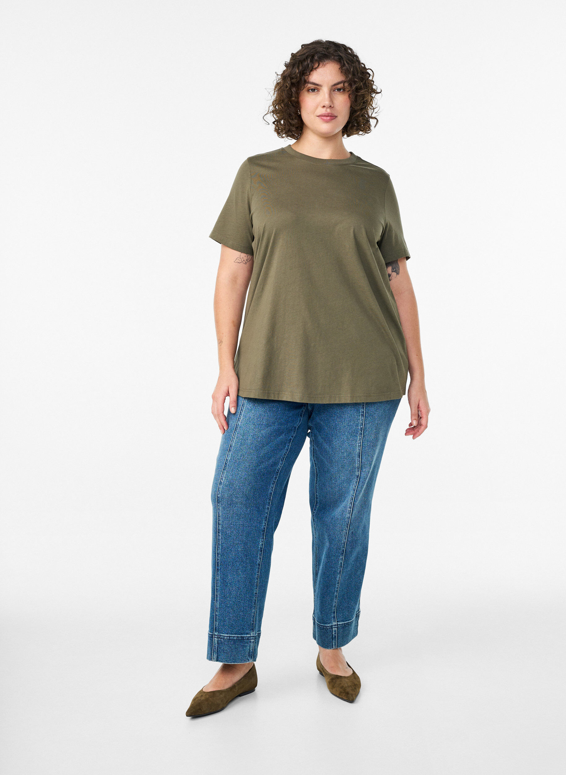 Zizzifashion Basic cotton T-shirt with round neck, Green, Model image number 1