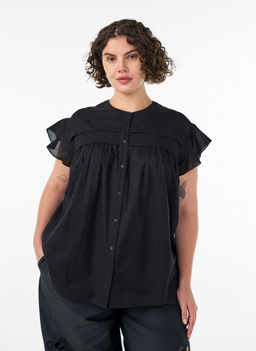 Sleeveless A-line cotton shirt blouse, Black, Model image number 0