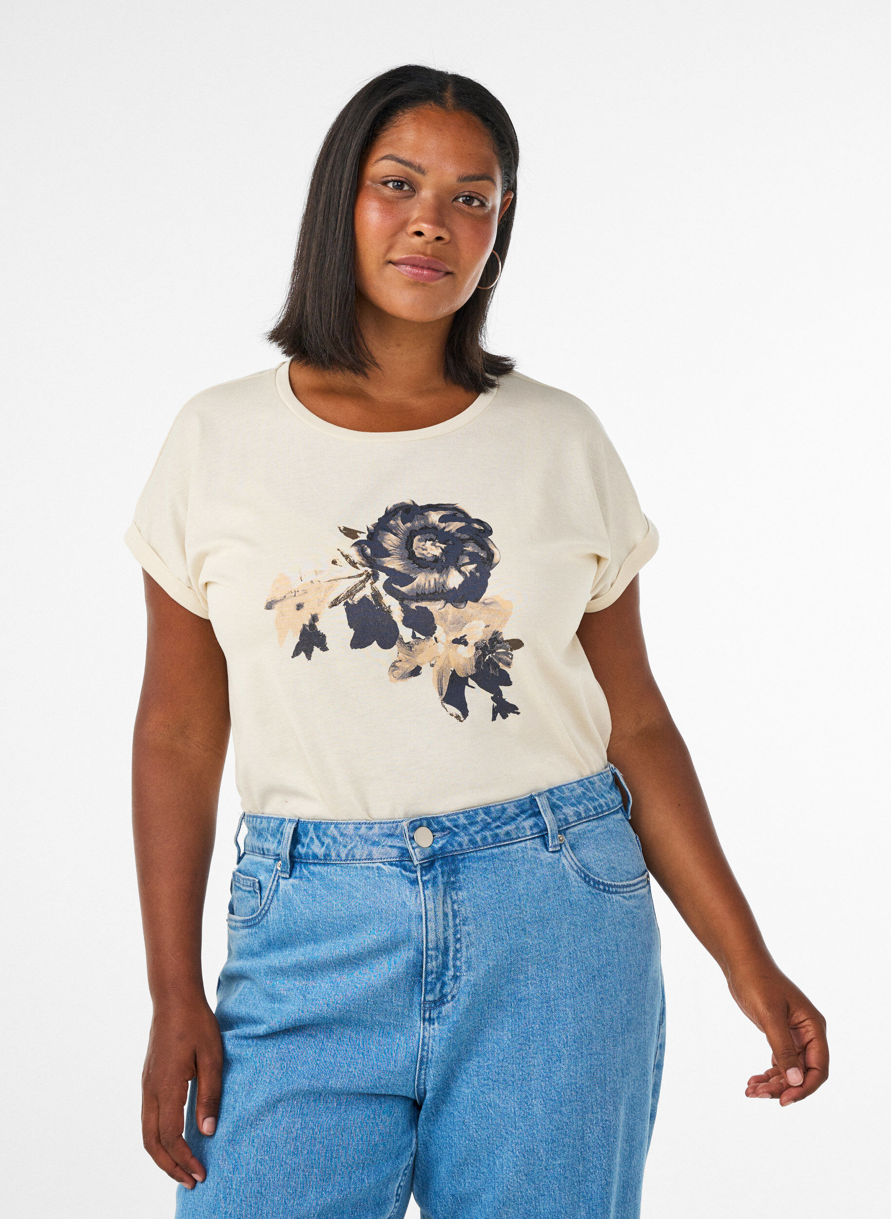 ZizzifashionT-shirt with decorative front print, Vanilla, Model image number 0