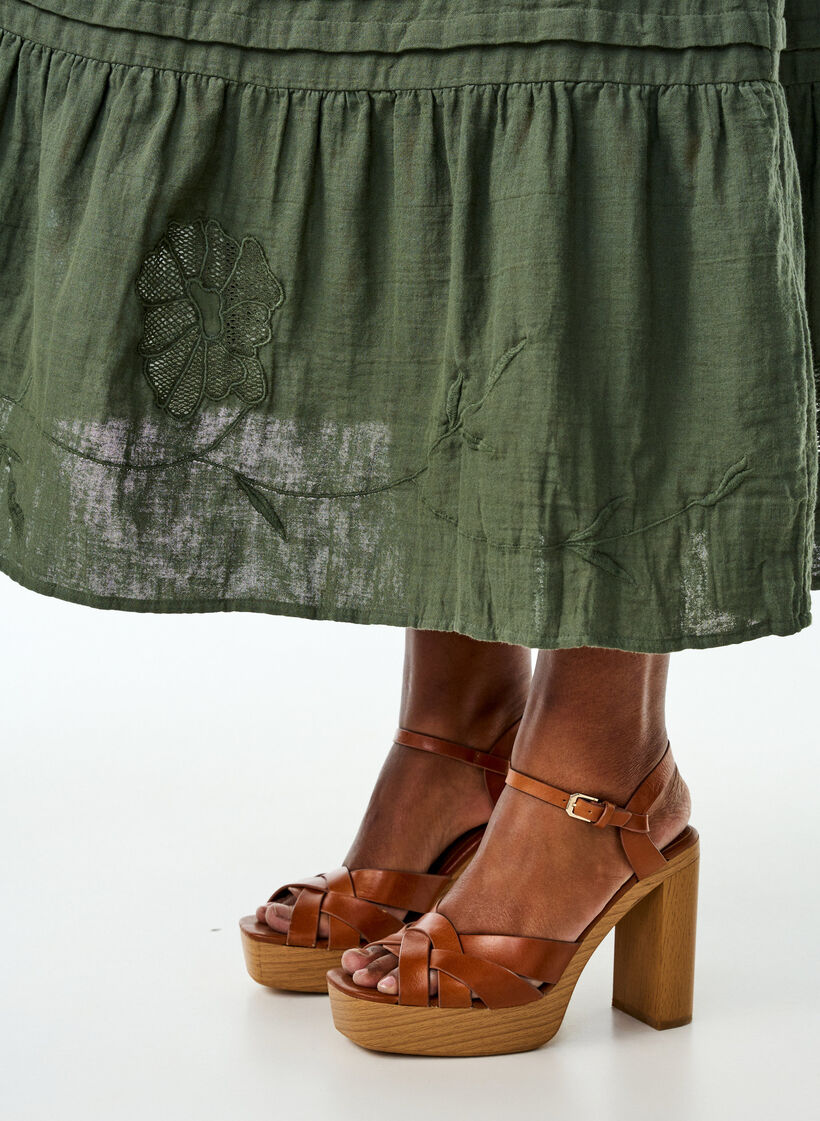 Long cotton muslin skirt with embroidered details, Thyme, Model image number 2