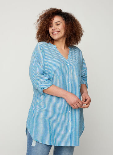 Striped shirt in 100% cotton, Blue Stripe, Model image number 0