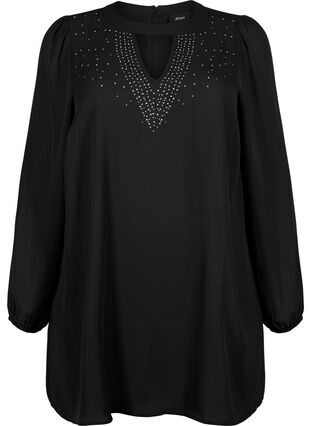 Long-sleeved tunic with rhinestones, Black, Packshot image number 0