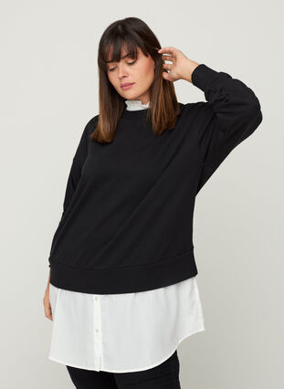 Sweatshirt with a sewn-in shirt, Black, Model image number 0