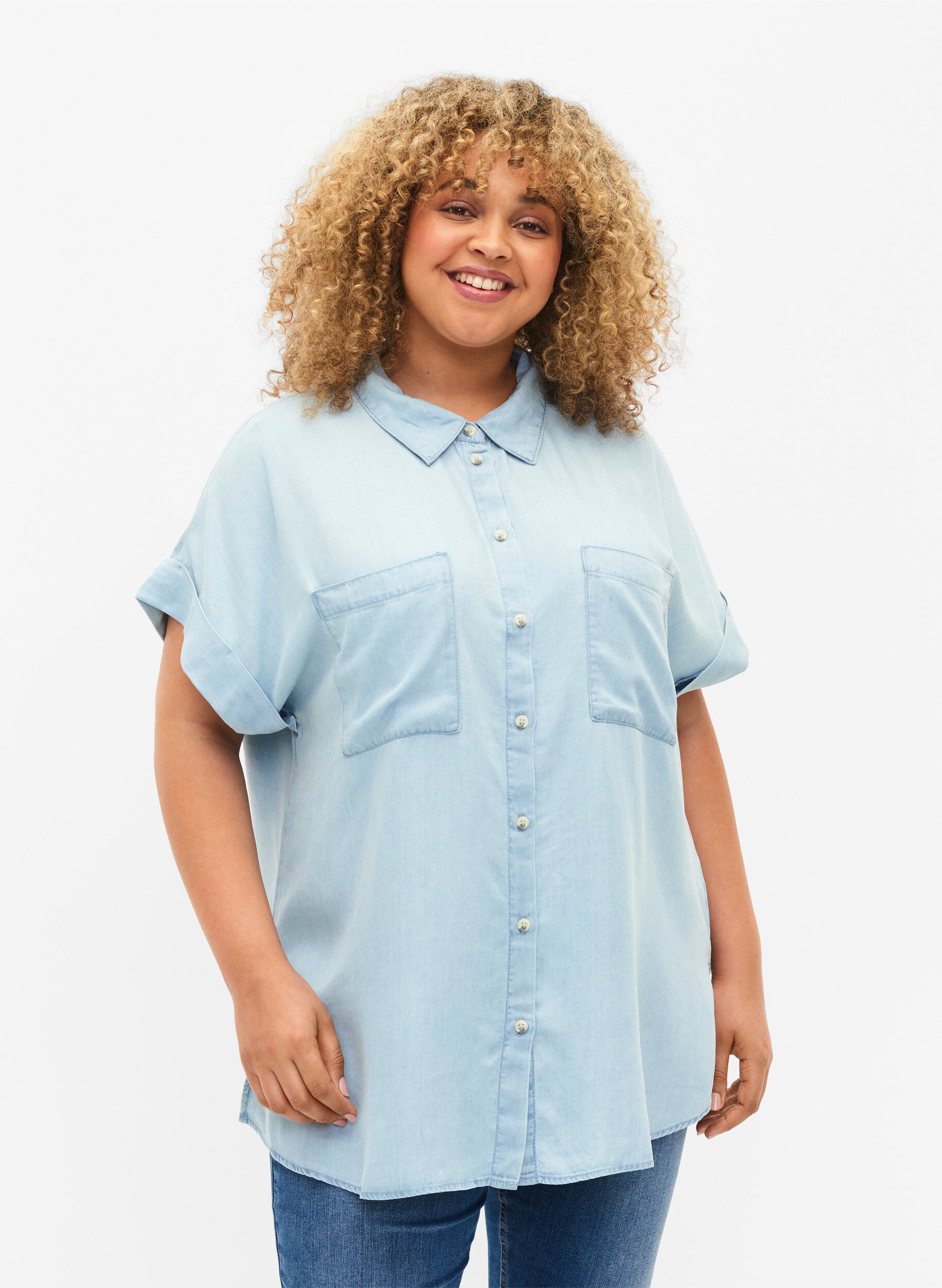 Zizzifashion Short-sleeved shirt in lyocell (TENCEL&trade;), Light blue denim, Model image number 0