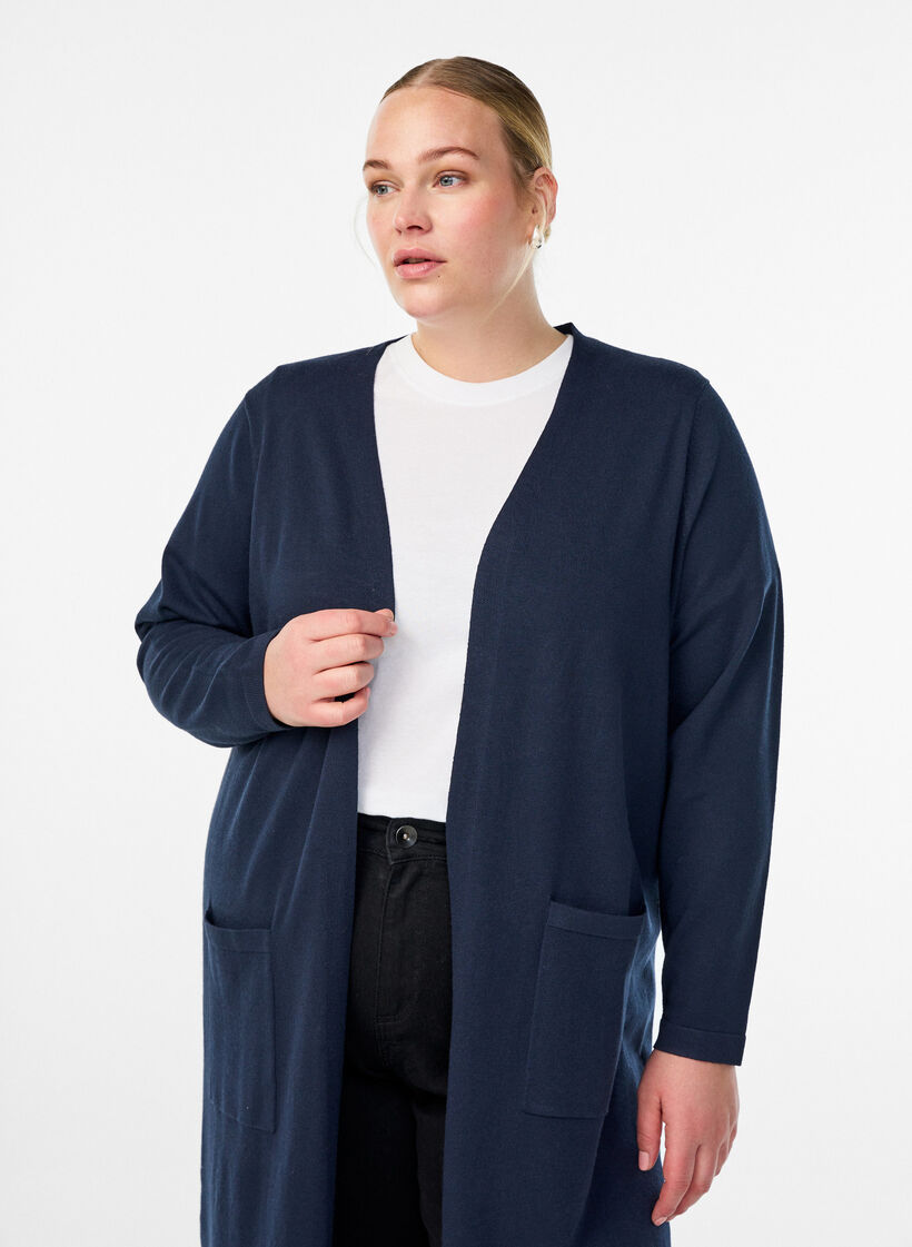 Long, open cardigan with pockets, Blue, Model image number 2
