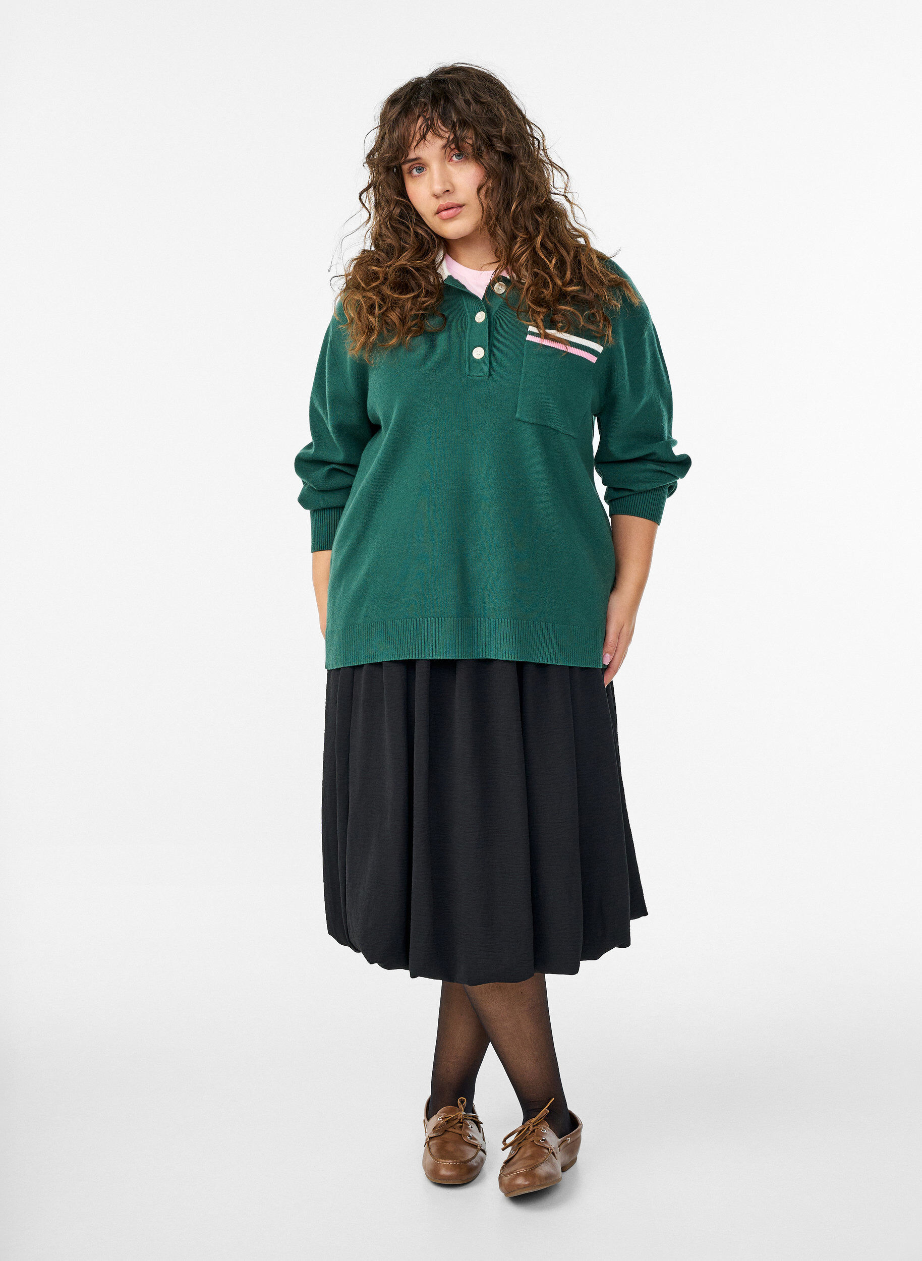 Zizzifashion Knit blouse with polo collar and contrast stripes, Green, Model image number 1