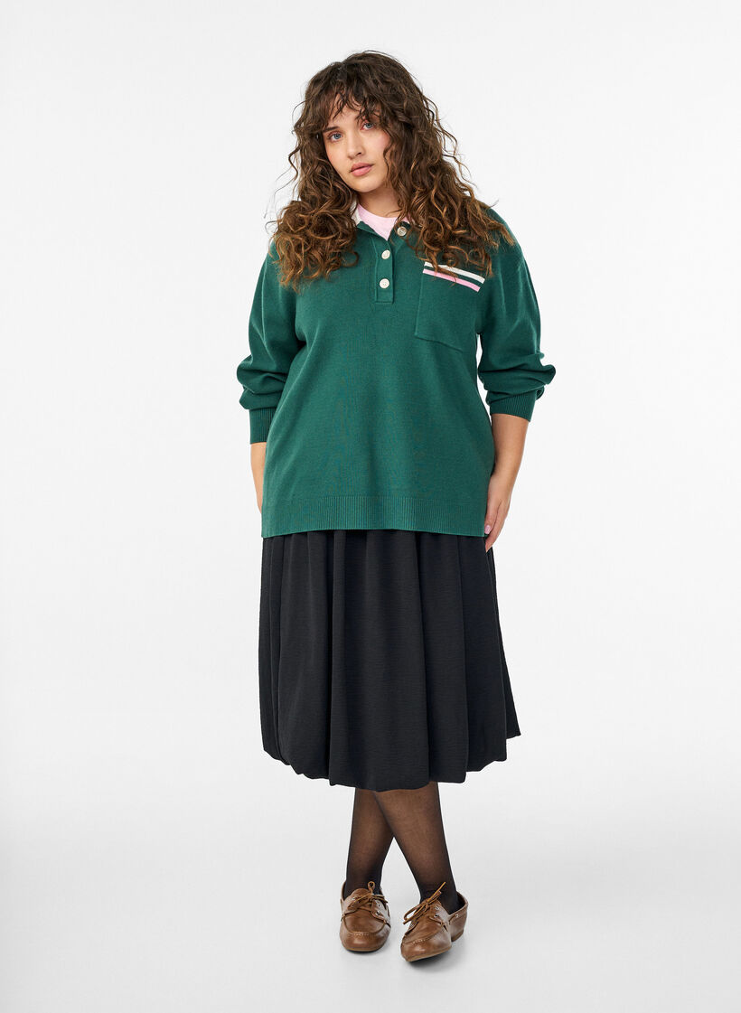 Knit blouse with polo collar and contrast stripes, Green, Model image number 1