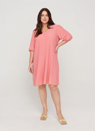 Dress with puff sleeves and V-neck, Tea Rose , Model image number 2