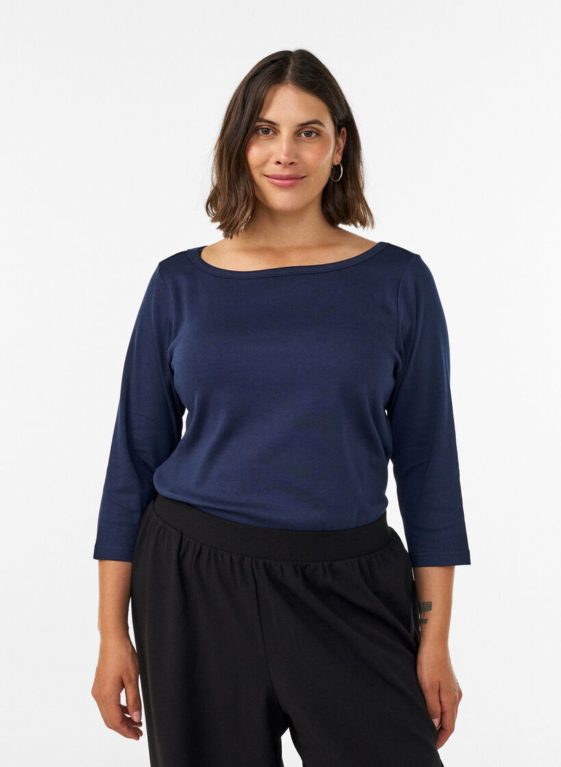 Basic T-shirt with boat neck and 3/4 sleeves, Blue, Model image number 0
