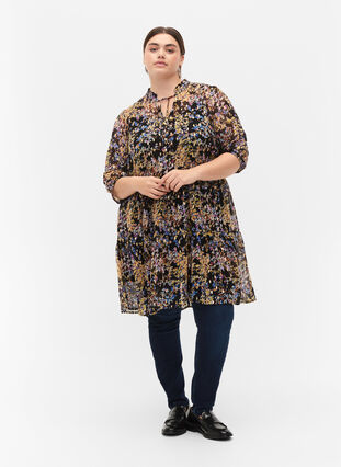 Tunic with floral print and lurex, Black/Vibrant Flower, Model image number 2