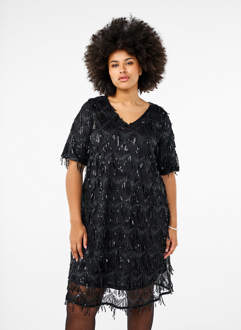 Short dress with sequin fringes, Black, Model image number 0
